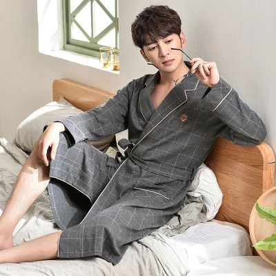 98231 GREY Новинка хлопок Yukata Мужская Высококачественная брендовая клетчатая одежда с длинными рукавами и отложным воротником Стильная мужская хлопковая одежда для сна нижнее белье халат - Цвет: 98231 GREY