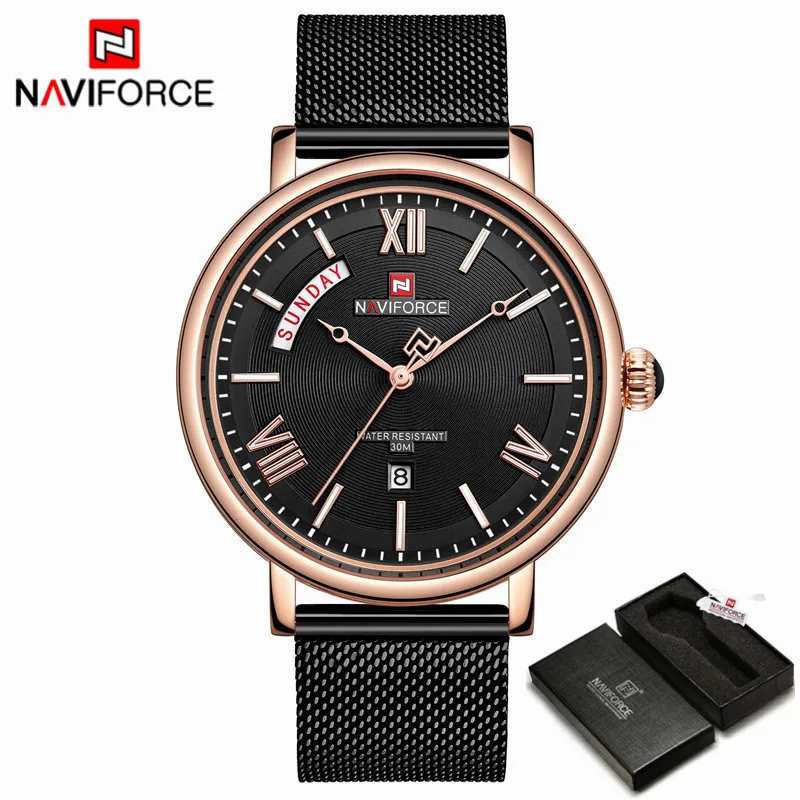 Rose Black with Box NAVIFORCE часы мужские модные деловые часы мужские повседневные водонепроницаемые кварцевые наручные часы синие стальные сетчатые часы Relogio Masculino - Цвет: Rose Black with Box