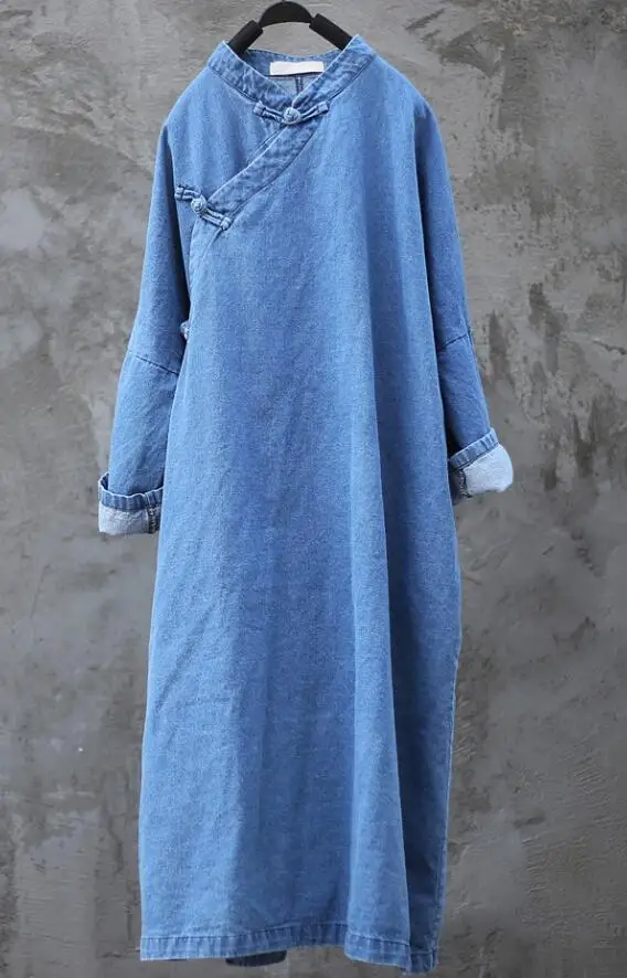 light blue NINI WONDERLAND, осенние женские ковбойские платья большого размера, весеннее джинсовое платье, платье в винтажном китайском стиле, Женская свободная одежда - Цвет: light blue