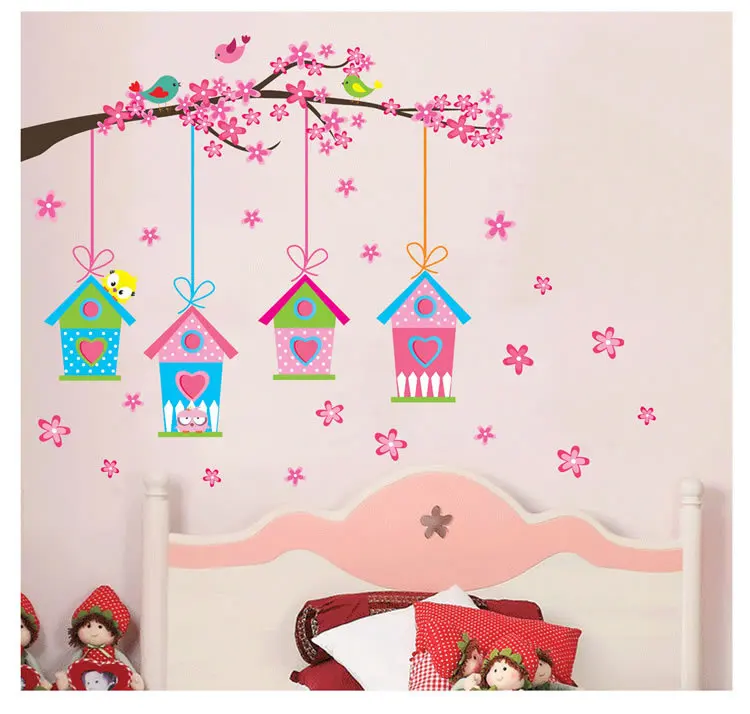 Красочная творческая ветка дерева и розовый птичий домик клетка виниловая стена