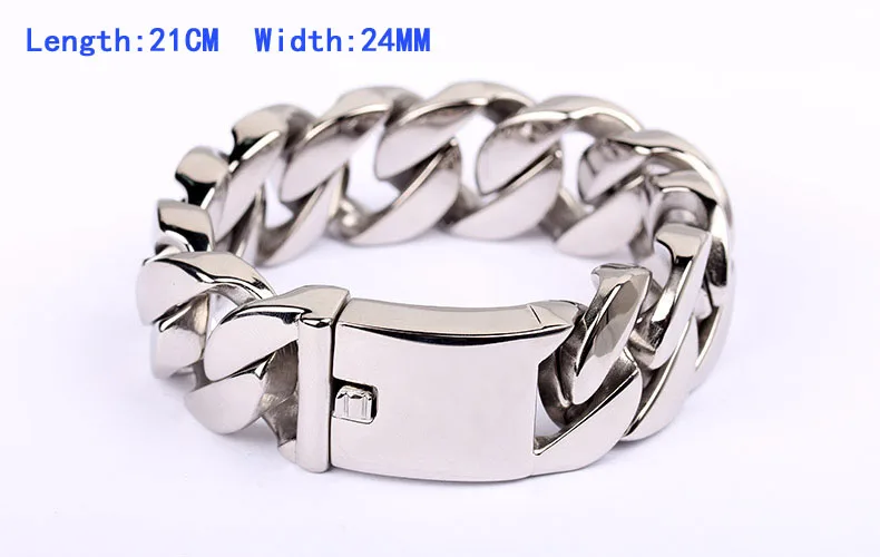 210mm x 24mm 20 мм/24 мм/26 мм Широкий Панк мужские байкерские ювелирные изделия из тяжелого серебра нержавеющей стали bling curb кубинские звенья цепи браслет для мужчин - Окраска металла: 210mm x 24mm