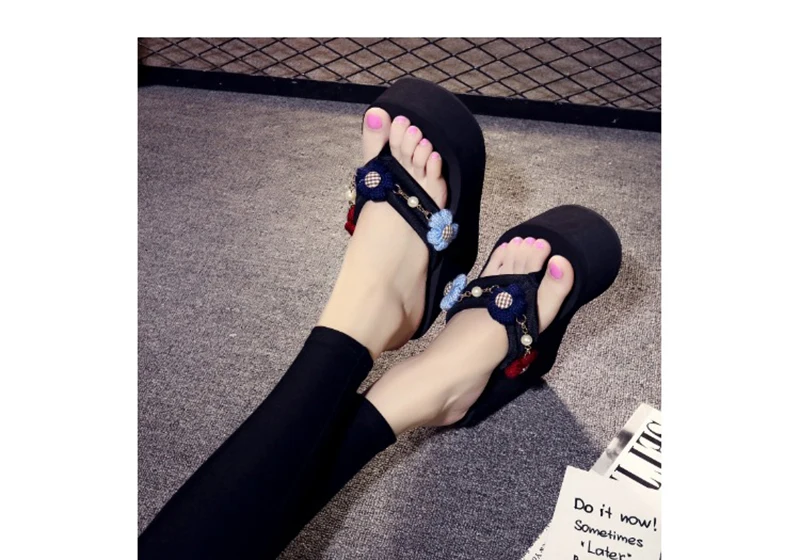 summer women high heels slippers sandals super high flower flip flops handmade tassel beads hawaiian mules clogs shoes outdoor