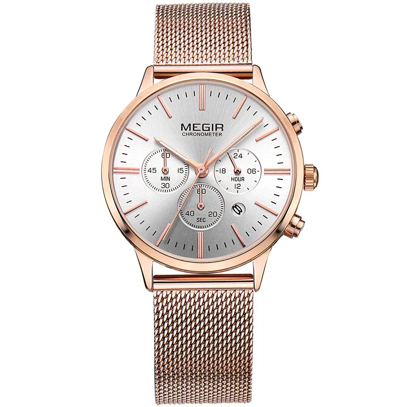 Megir часы спортивные женские модные из нержавеющей стали с хронографом белого