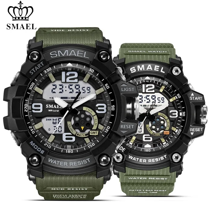 ArmyGreen SMAEL 2 шт./компл. Водонепроницаемый спортивные часы Для мужчин военный Часы с двойным табло Для женщин цифровые часы автоматические механические часы - Цвет: ArmyGreen