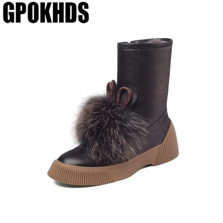 GPOKHDS/ г.; женские зимние ботинки из коровьей кожи с кроличьим мехом на молнии; зимние теплые ботинки из смешанной шерсти с круглым носком на высоком каблуке
