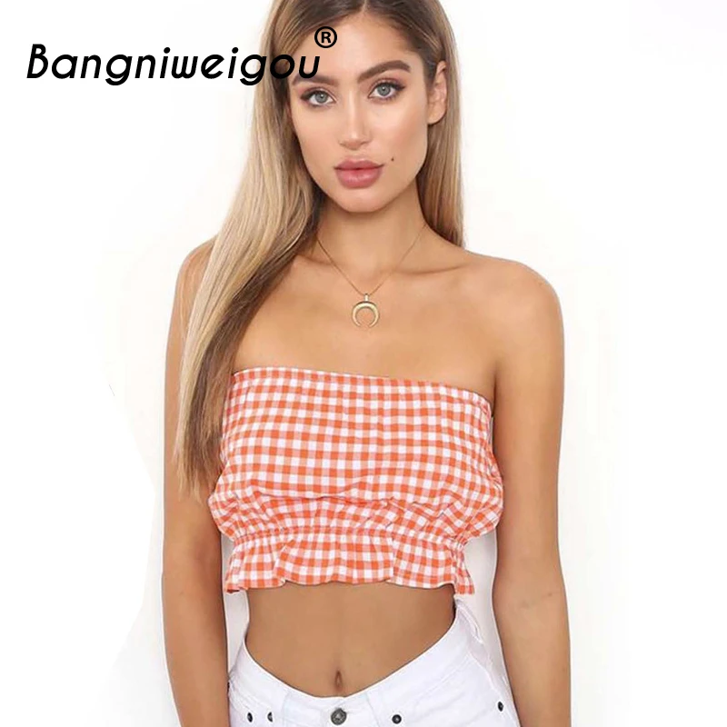 Женский клетчатый Топ бандо Bangniweigou с открытыми плечами короткий топ оборками и