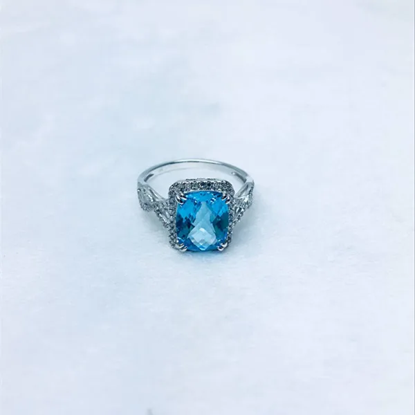 Твердого 14 К Белое золото натуральный голубой топаз diamond Обручение кольцо