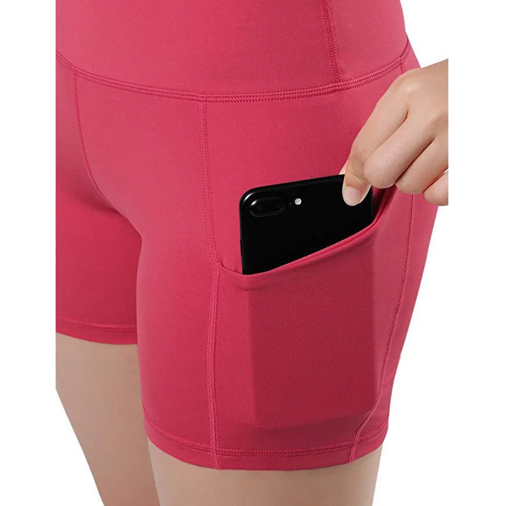 Women Elastic Quick Dry Summer Slim Fit Sports Yoga Shorts With Pocket Soft Gym Solid Sweat Absorbing High Waist Workout Tights