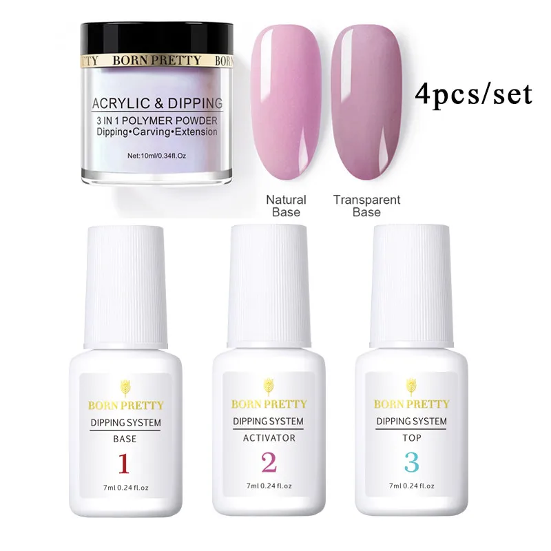 Set 4 BORN PRETTY, 3 в 1, погружающаяся пудра для ногтей, французский блеск для ногтей, набор пудры для ногтей, базовый топ, активатор, набор для украшения ногтей - Цвет: Set 4
