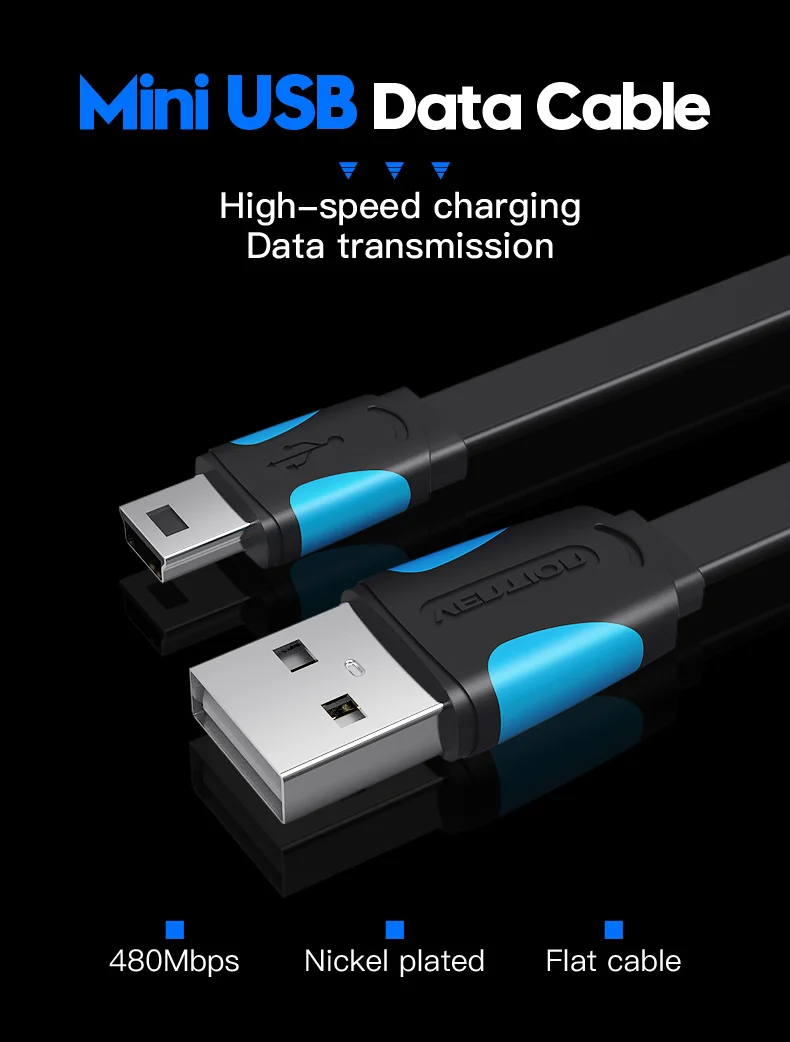 Vention Mini USB кабель 0,25 м 0,5 м 1 м 1,5 м 2 м для синхронизации данных USB Зарядное устройство кабель для MP3 MP4 плеер gps Камера мобильный телефон Mini USB
