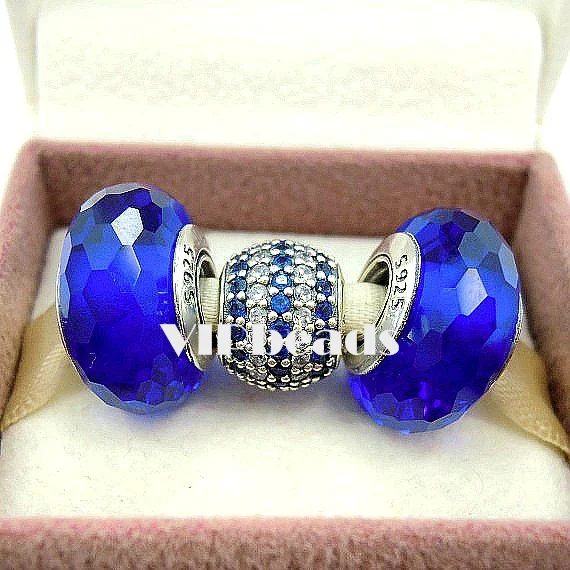 Authentic 100% 925 Sterling Silver Blue Pave Charm bead and Faceted Murano Glass Beads Jewelry Fits European Bracelet | Украшения и