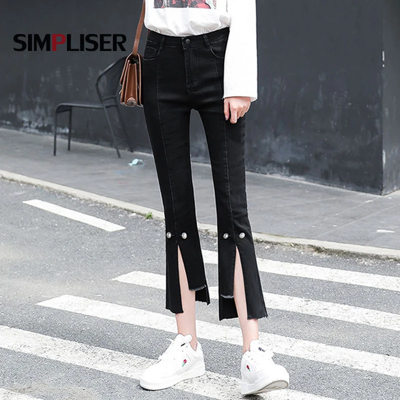 Beading Women Denim Blue Black Jeans Pants Slim Fit Flared Ladies Mid Waist Trousers Plus Size 32 Femme Pantalon Capri | Женская одежда