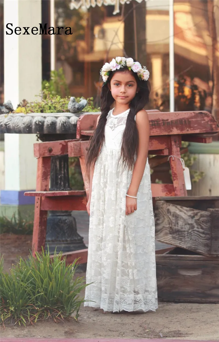 White Lace Keyhole Back Flower Girl Dresses for Wedding Applique Floor Length Girls Birthday Gown Christmas Dress Size 2-16 Year | Детская