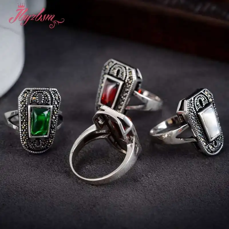 5x9mm Gem Stone Beads Inlaid Marcastie White Tibetan Silver Classical Ring #7-#9 1 Pc,Send Random Size,Wholesale Free Shipping