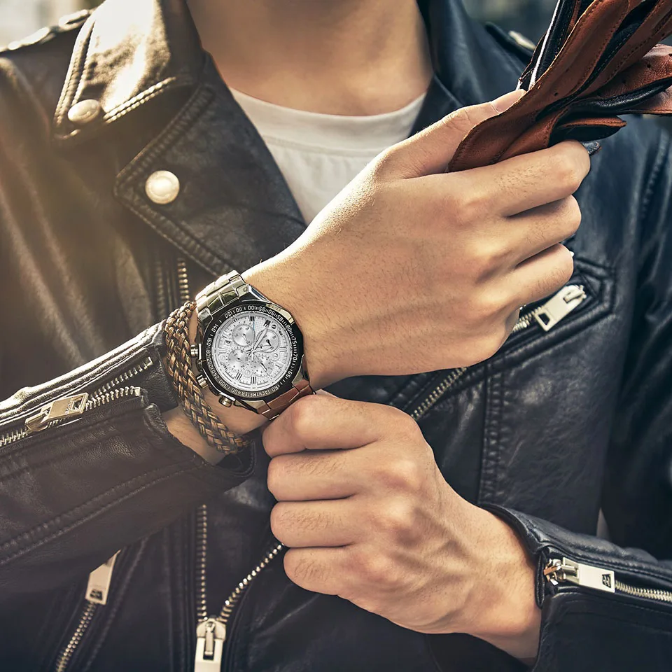 Модные мужские наручные часы серебряные кварцевые водонепроницаемые