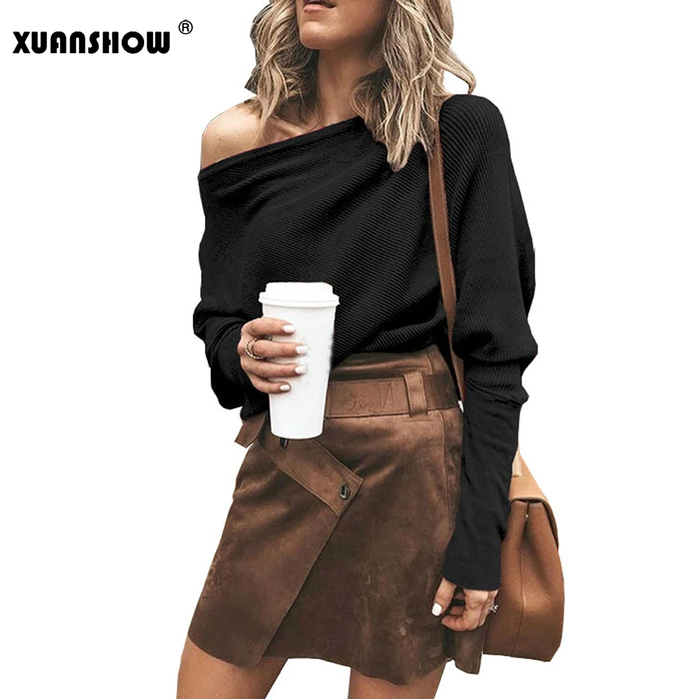 Новинка 2019 осенне зимняя женская толстовка XUANSHOW с длинным рукавом летучая мышь