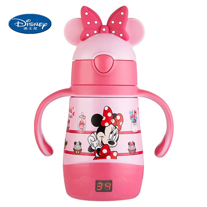 

Детская соломенная бутылка для воды Disney из нержавеющей стали с ручкой и ремешком, бутылка с индикатором температуры воды