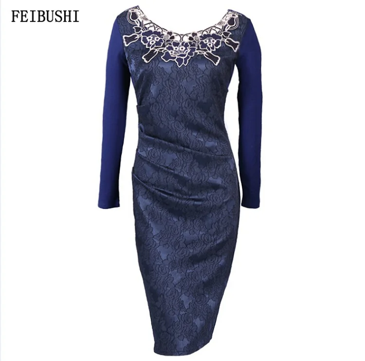 Navy Blue long slee FEIBUSHI прозрачное открытое цветочное кружевное платье для женщин с длинным рукавом для работы в деловом стиле, облегающее Повседневное платье для вечеринок - Цвет: Navy Blue long slee