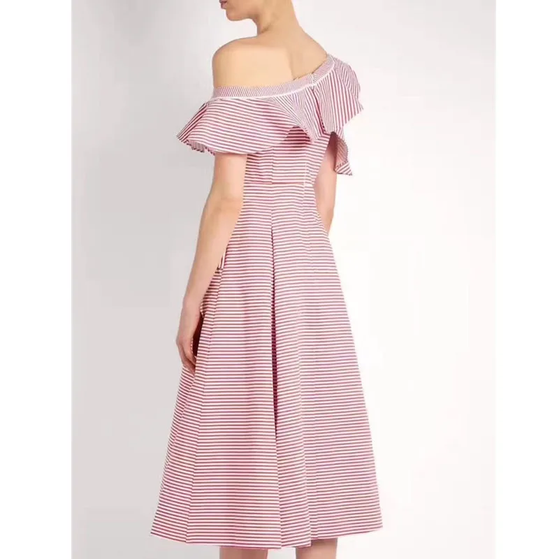 Винтажные розовые и белые в полоску миди платье Женщины Осень открытыми плечами