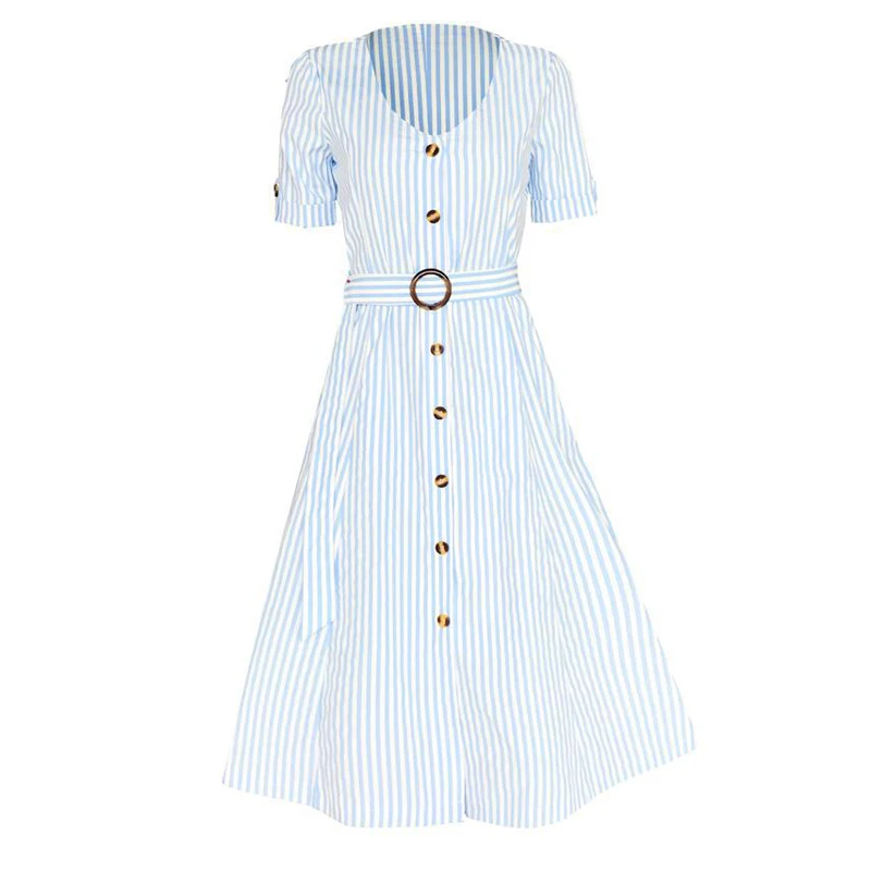 Vintage cotton linen midi dress women boho yellow beach Summer button short sleeve striped korean vestidos 2019 | Женская одежда