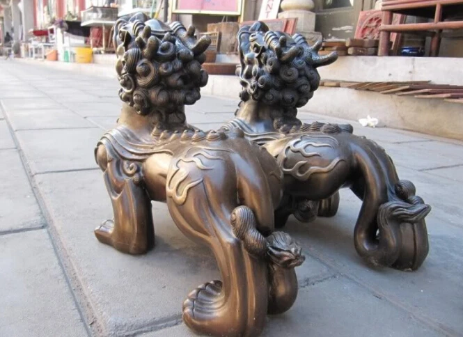 11 &quotкитайский Фэн Шуй Уточнение Чистая Бронзовый Foo Dog Лев kylin зверь пара|dog