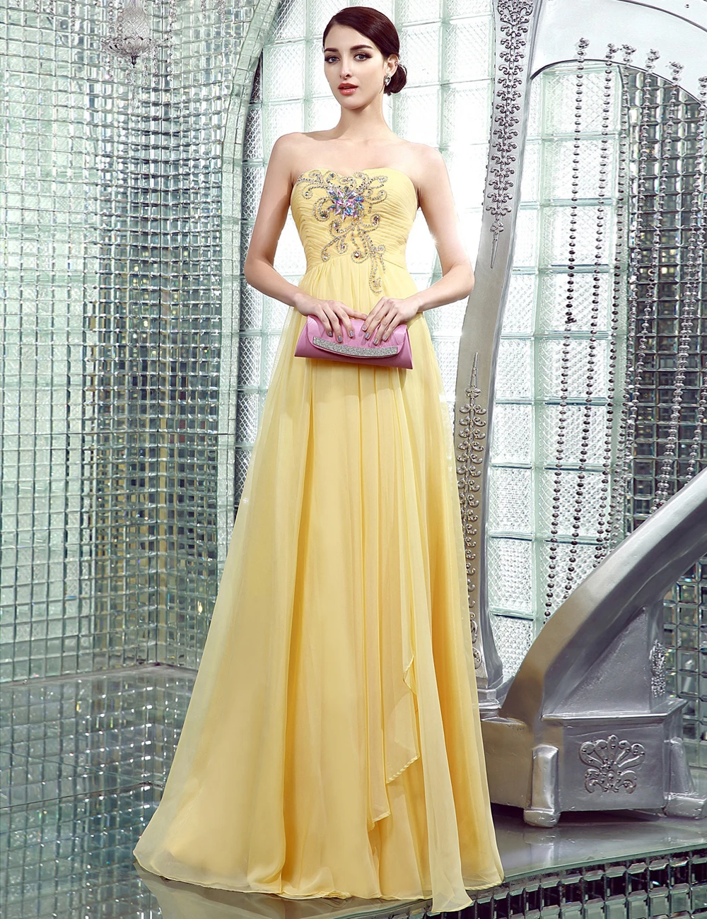 Заказной Жесткий Работа Шифон Большой Discourt 2016 Кристалл Молния Назад Желтый