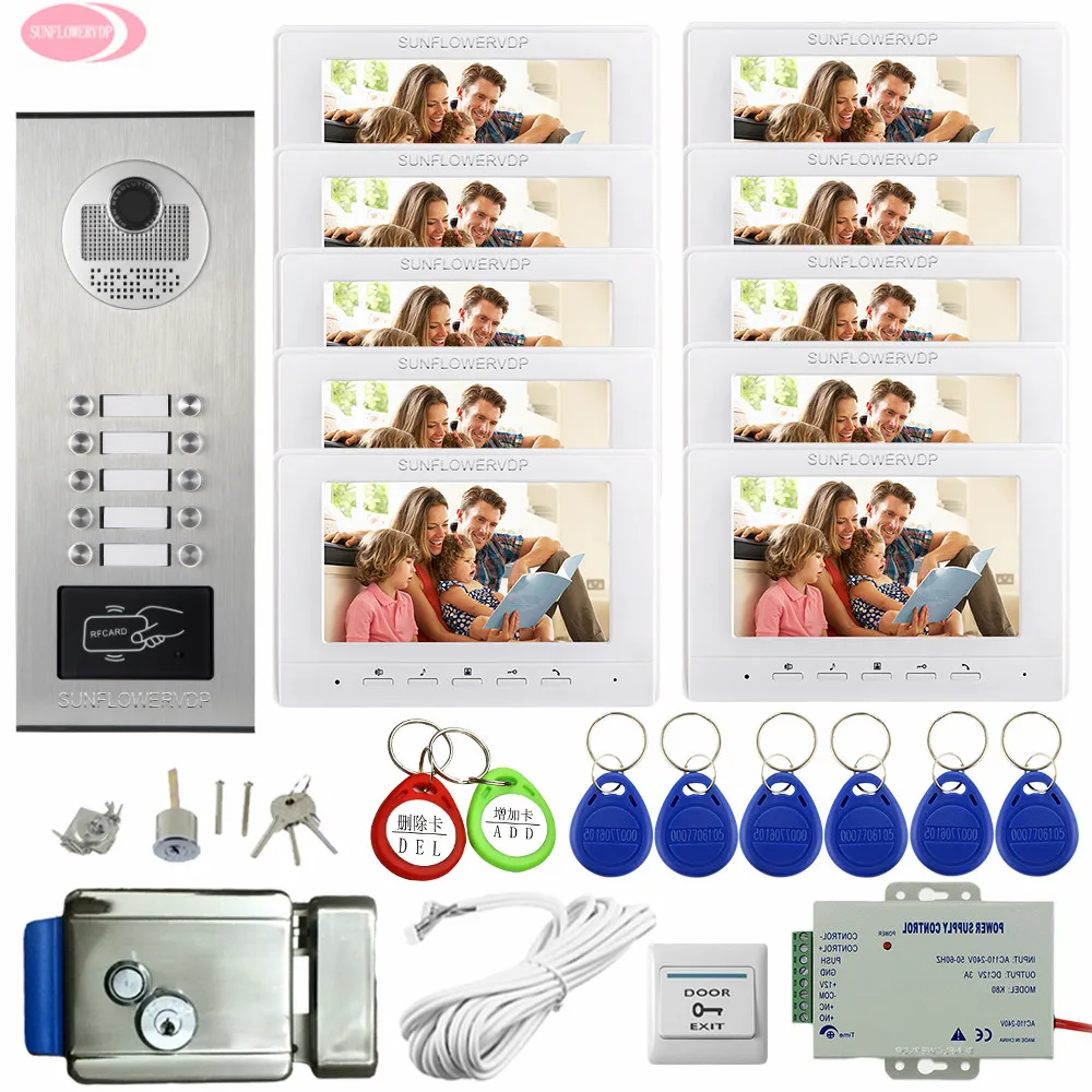 10 appartement 10 Knoppen Video Deur Entry Panel 7 "Kleur Video Intercom + Elektronische Deurslot Bedraad Video Deurbel intercom Kit