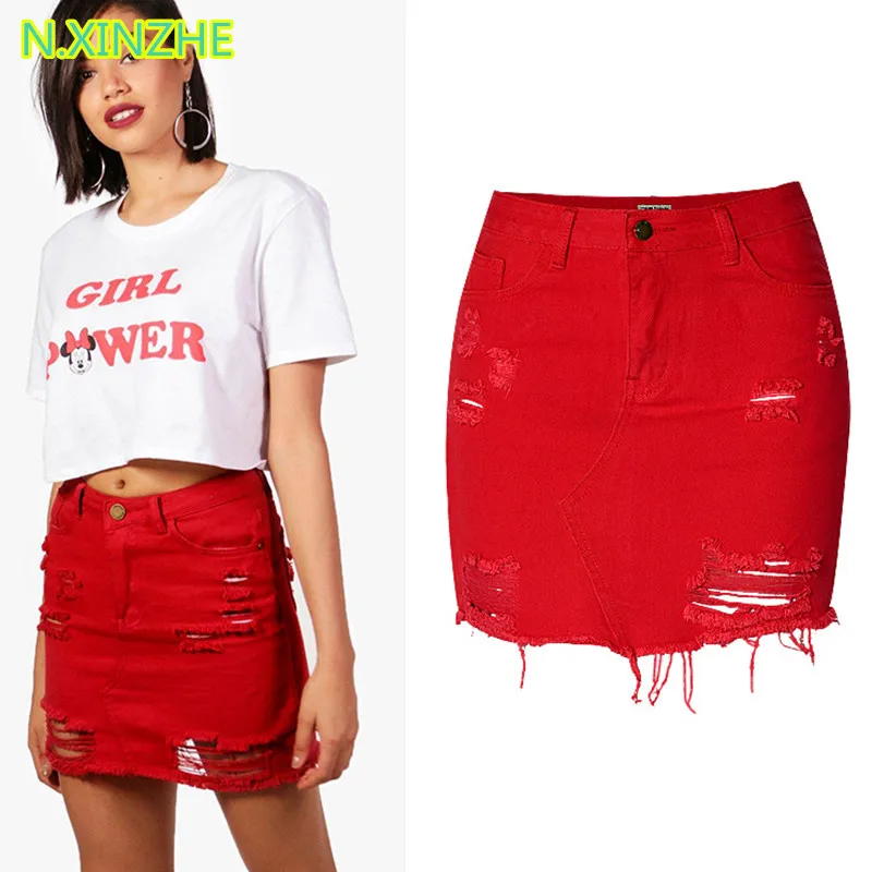 2018 Женская одежда с высокой талией рваные потертые джинсовые юбки карандаш