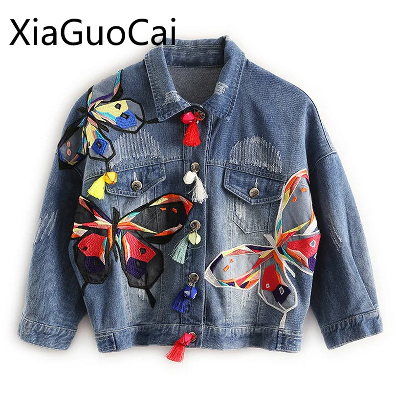Женская джинсовая куртка с вышивкой в виде бабочек|women denim jacket|crop jacketjacket short |