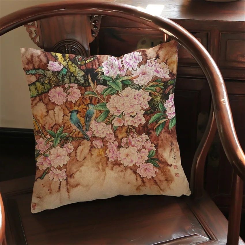 Льняная наволочка в китайском стиле с принтом пионов и цветов декоративные