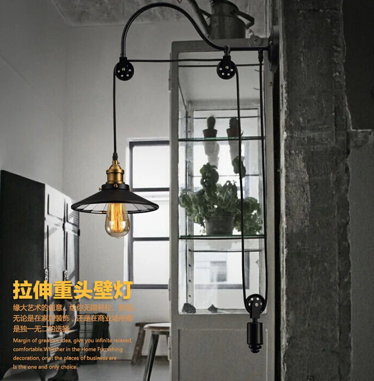

loft retro American iron pulley wall lamp antique lifting dining room bedroom Wall Lights Lamparas Home Lighting Fixture