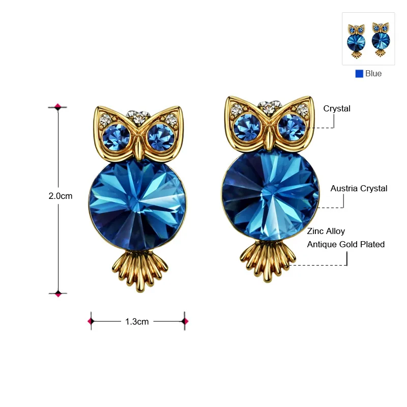 Серьги гвоздики Neoglory антикварный светильник желтое золото синий кристалл Сова