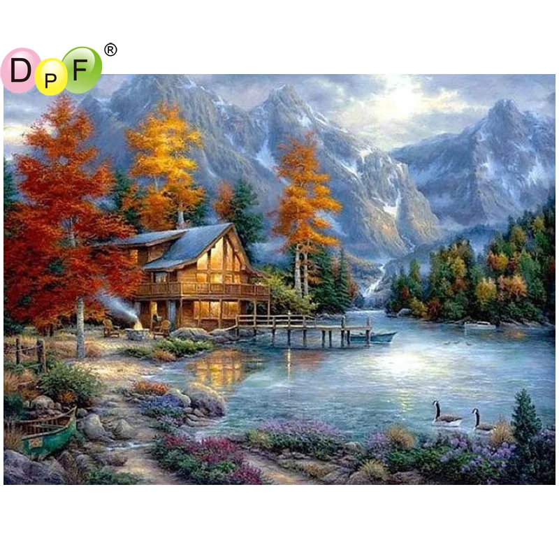 DPF DIY Snow mountain hut 5D diamond mosaic kit full square painting cross stitch home decor embroidery crafts | Дом и сад