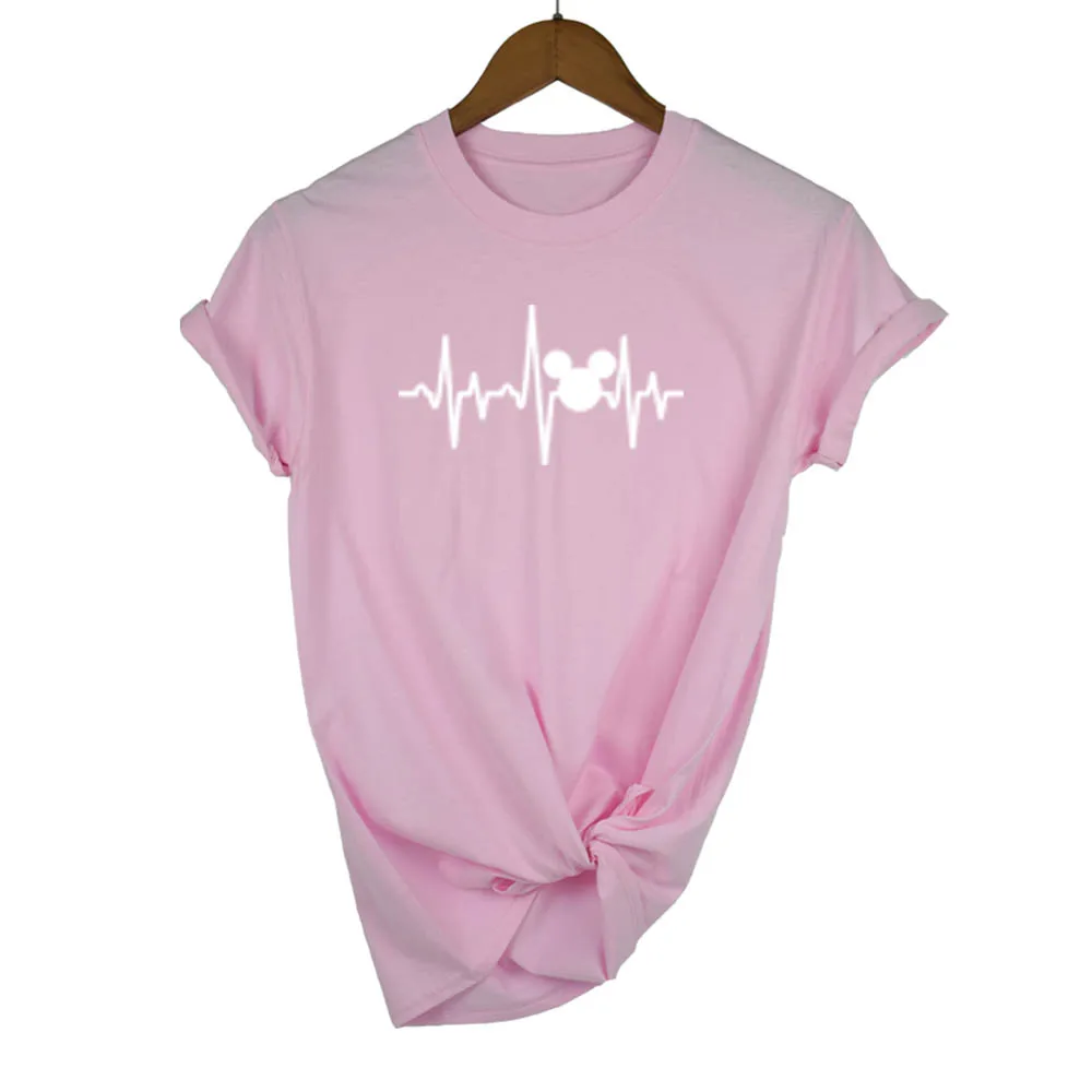 pink white Футболка размера плюс футболка микки женские футболки летние топы Графические футболки женские Микки Маус сердцебиение Kawaii футболка XS-XL - Цвет: pink white