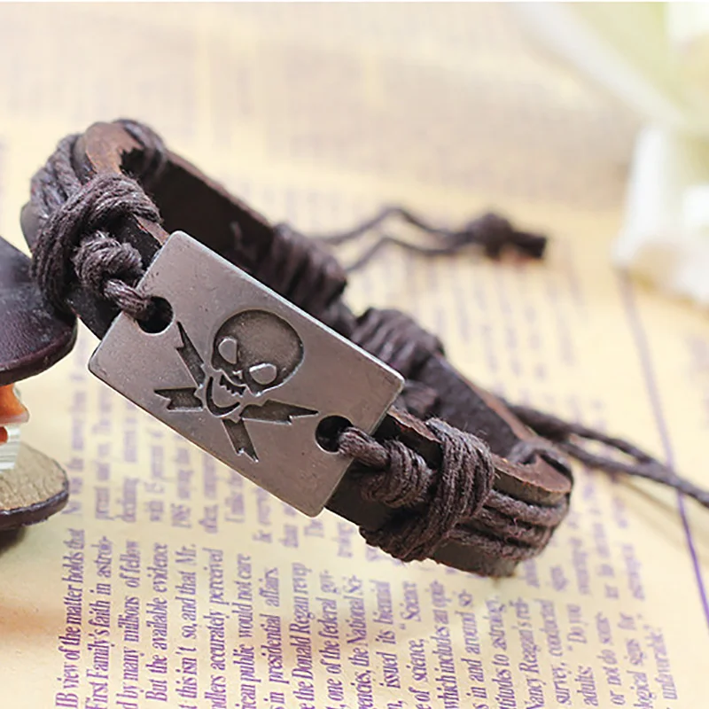 30 шт./лот женские и мужские браслеты с черепом кожаные серебряным покрытием