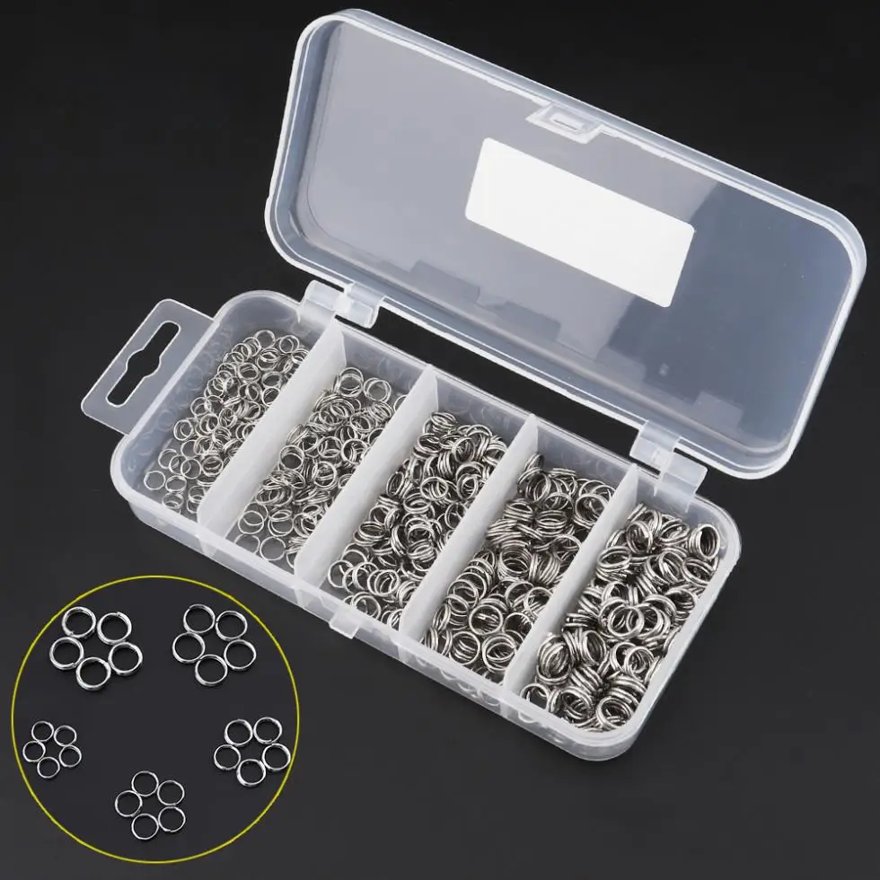 

500pcs Stainless Steel Double Loop Fishing Ring 5 Size Mixed Split Clip Swivel Quick Change Hook Connector with a Box