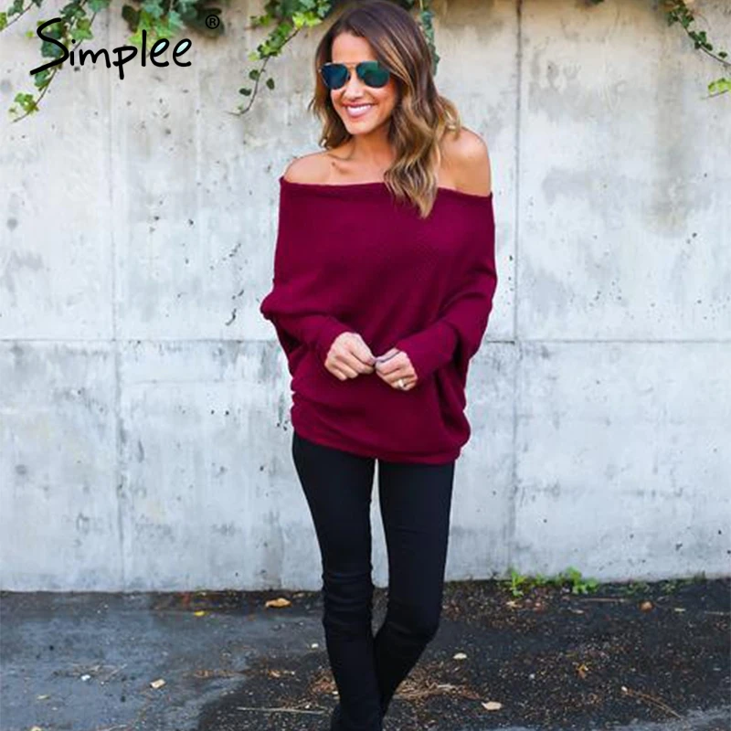 Simplee с открытыми плечами Женский вязаный свитер элегантный длинный рукав slash шеи
