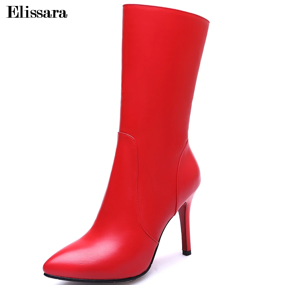Elissara Women Genuine Leather Boots Shoes High Heel Mid Calf Fashion Zip Pointed Toe Plus Size 34-42 | Обувь