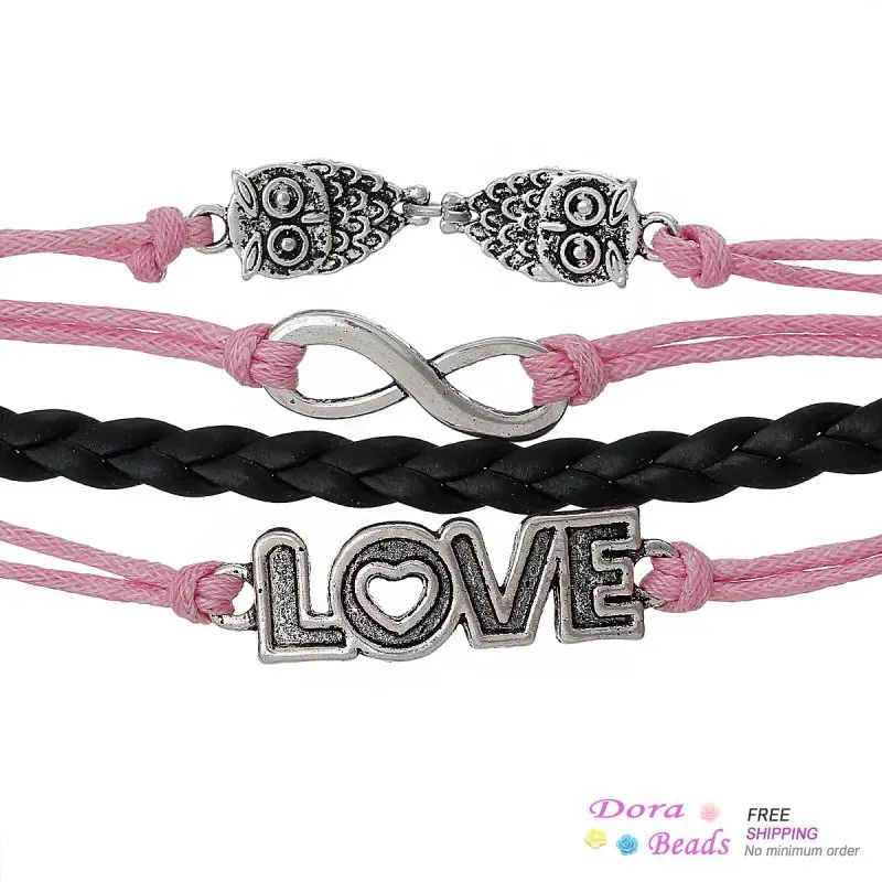 Braiding Leatheroid Wax Rope Bracelets Pink&ampBlack Antique Silver Infinity Symbol Owl Halloween Love Findings 18cm (C00777) | Украшения и