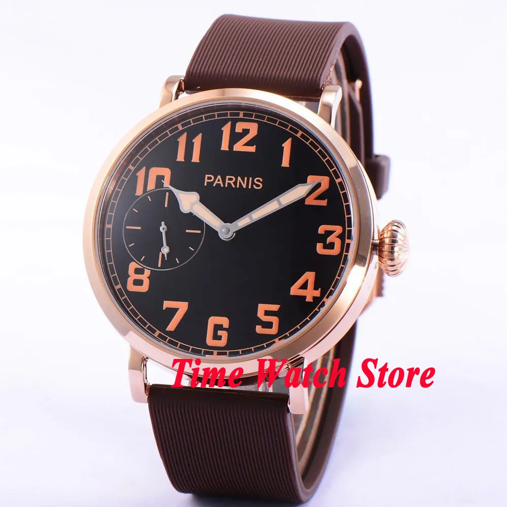 

46mm parnis black dial Arabic numbers luminous golden case deployant clasp 6497 hand winding movement mens watch 405