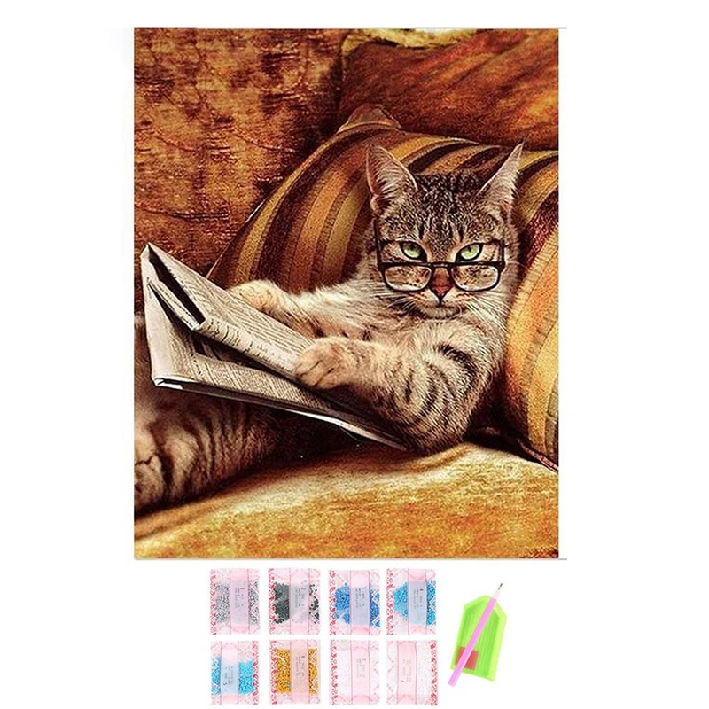 Горячие очки Кот лежащий на диване книга для чтения Diy Алмазная вышивка 5d кот