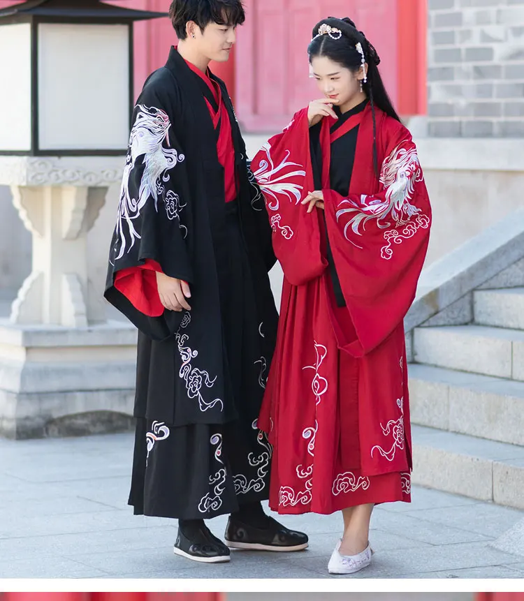 Древняя династия Вэй Цзинь пары Hanfu одежда красный черный свадебное платье большое вечернее платье с рукавами Гуандун Вышивка Феникс