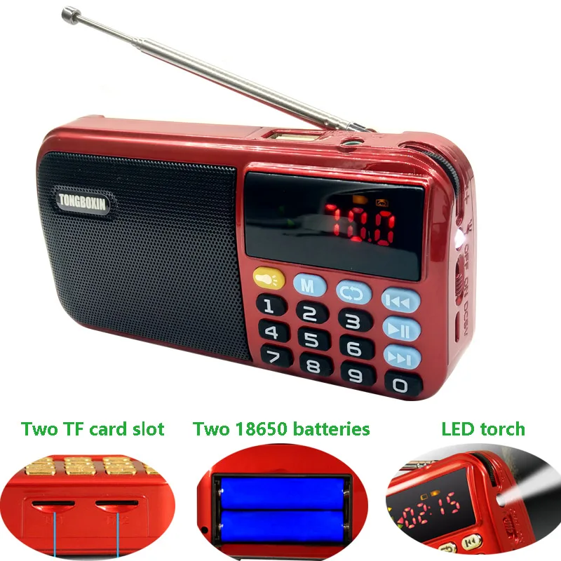 

Портативное FM-радио C-803, с двумя аккумуляторами 18650, светодиодным фонариком и двумя слотами для карт TF, беспроводной USB-динамик, MP3-плеер