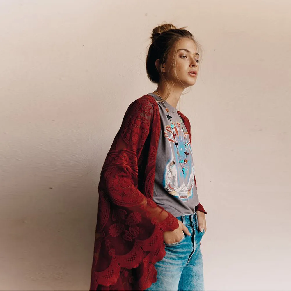 Богемный большой размер женский праздник ветер снаружи кружева кардиган длинный