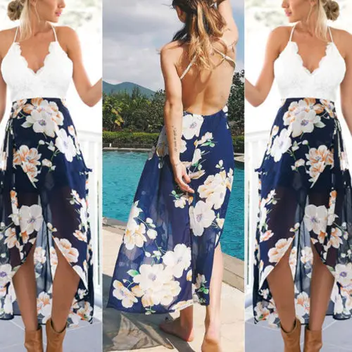 2018 New Fashion Hot Popular Summer Women Boho Holiday Strappy Floral Maxi Beach Sundress Party Long Asymmetrical Dress US | Женская