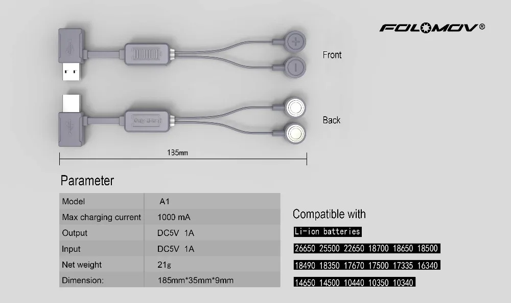 Портативный магнитный USB литий-ионный аккумулятор зарядное устройство FOLOMOV A1 с зарядкой/разрядкой POWER BANK funtion 1000mA DC5V легкий