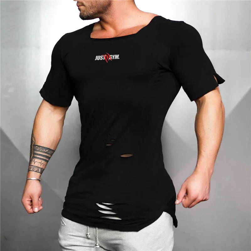 Summer Brand Mens Vintage Ripped Hole T shirt Cotton Hip Hop T-shirt Men Fashion Slim Tight Tee Gyms Sportswear Fitness Tshirt | Мужская