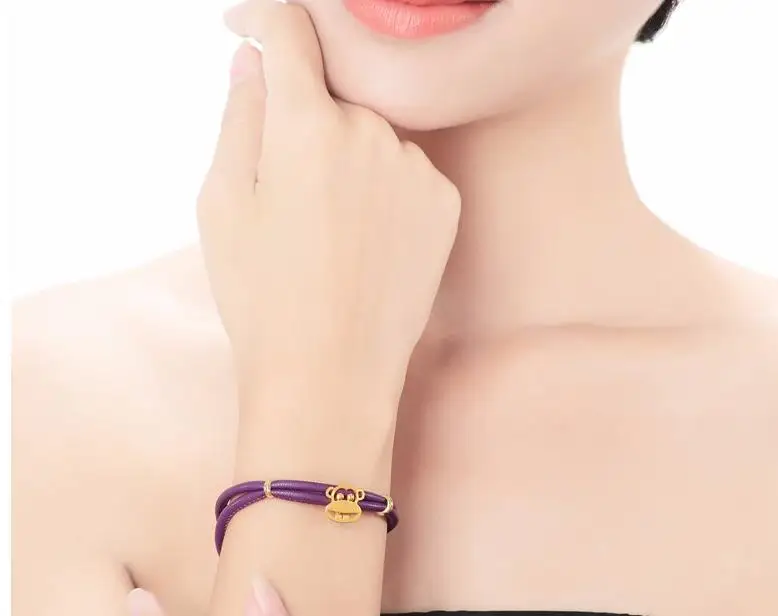 Модный аутентичный кожаный браслет 24K желтое золото обезьяна 1 81 г|leather bracelet|bracelet