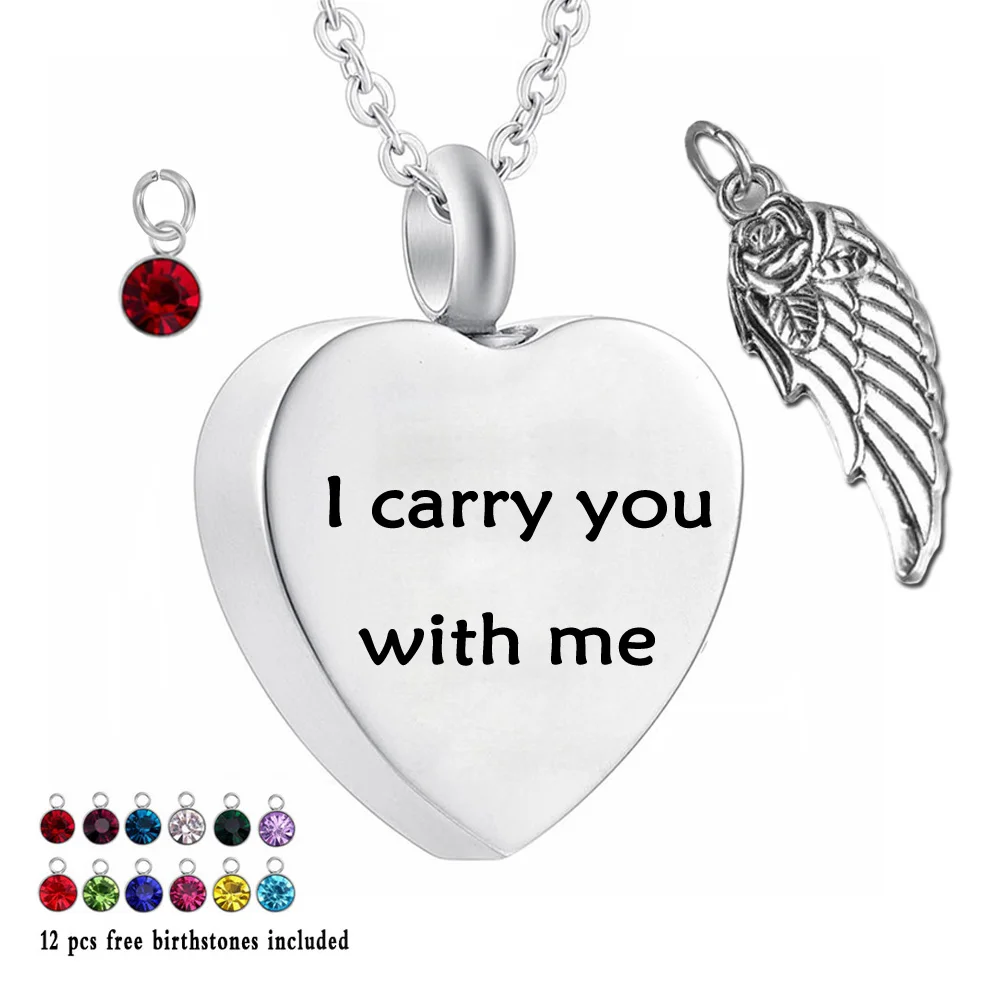 

I carry you with me - 12 Piece Birthstone Crystal Urn Necklace Heart Memorial Keepsake Holder Pendant Ashes Cremation Jewelry