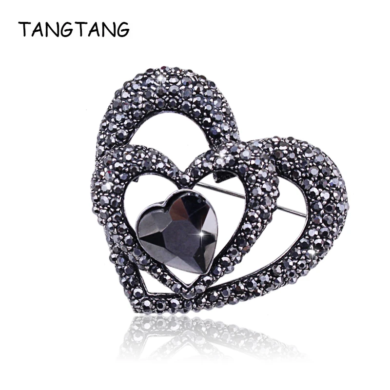 Rhinestone Black 3 Hearts Brooches for Women Vintage Antique Color Romantic Pin Elegant Exquisite Mujer New Year Gift BH8384